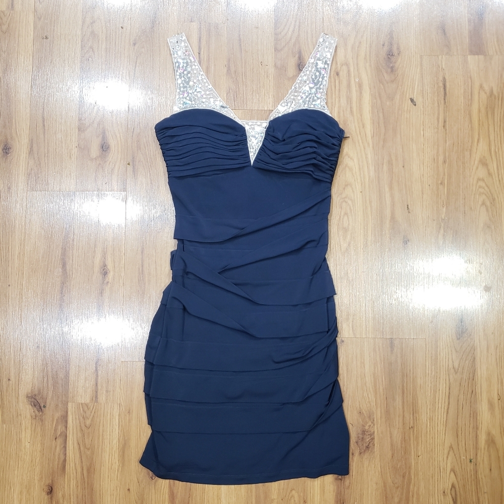City Triangles Navy Blue Sweetheart Neckline Ruched Sequin Bodycon Dress!